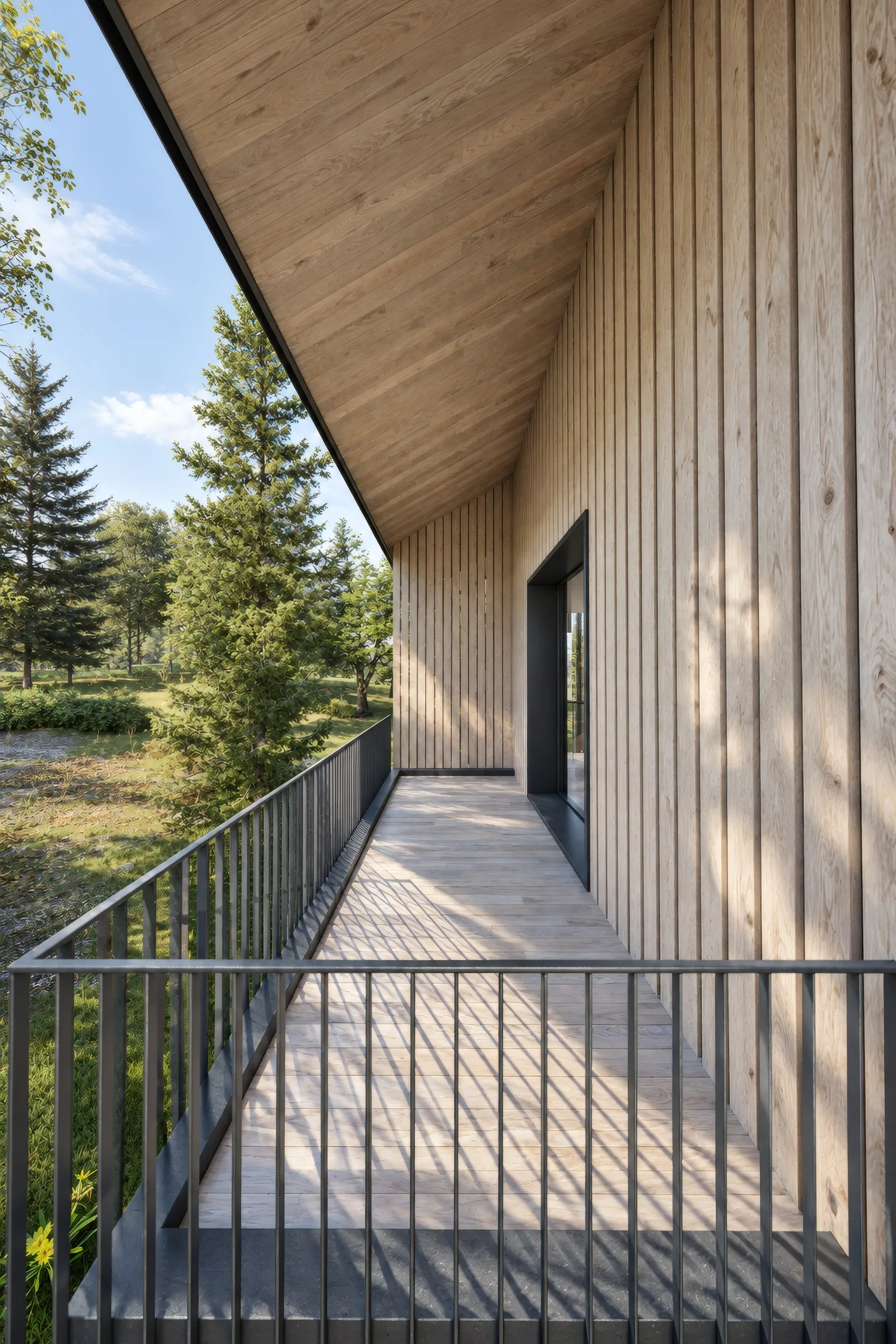 Balkon entlang der Holzfassade mit Blick in den Wald
