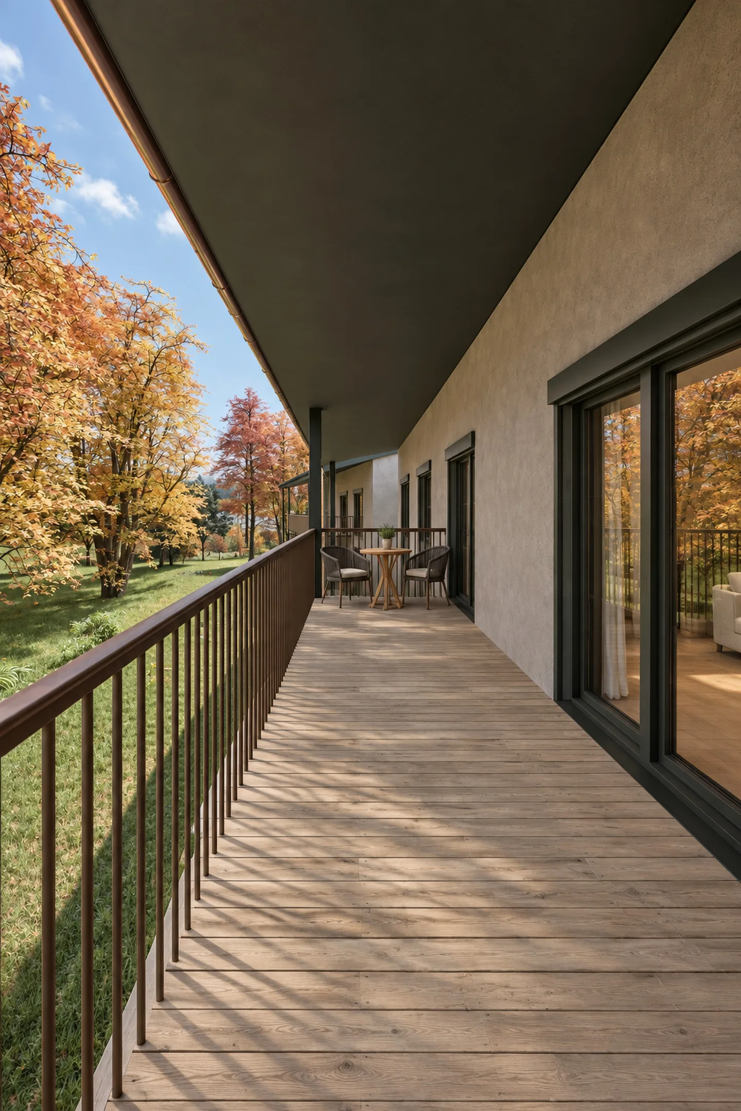 Balkon mit Holzboden und Geländer, Blick in den herbstlichen Garten