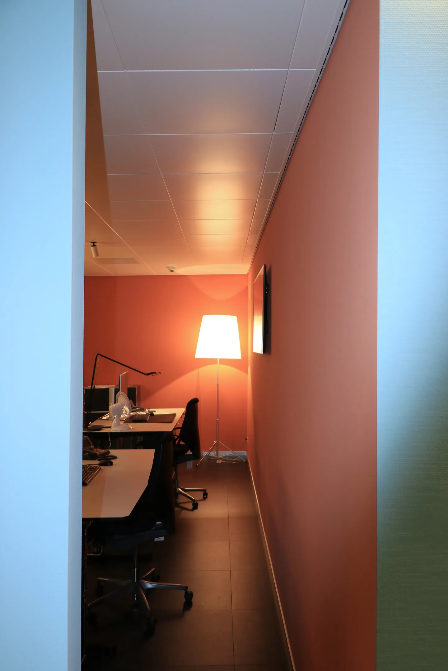 Einblick in ein Büro mit rostroter Wand und Stehleuchte