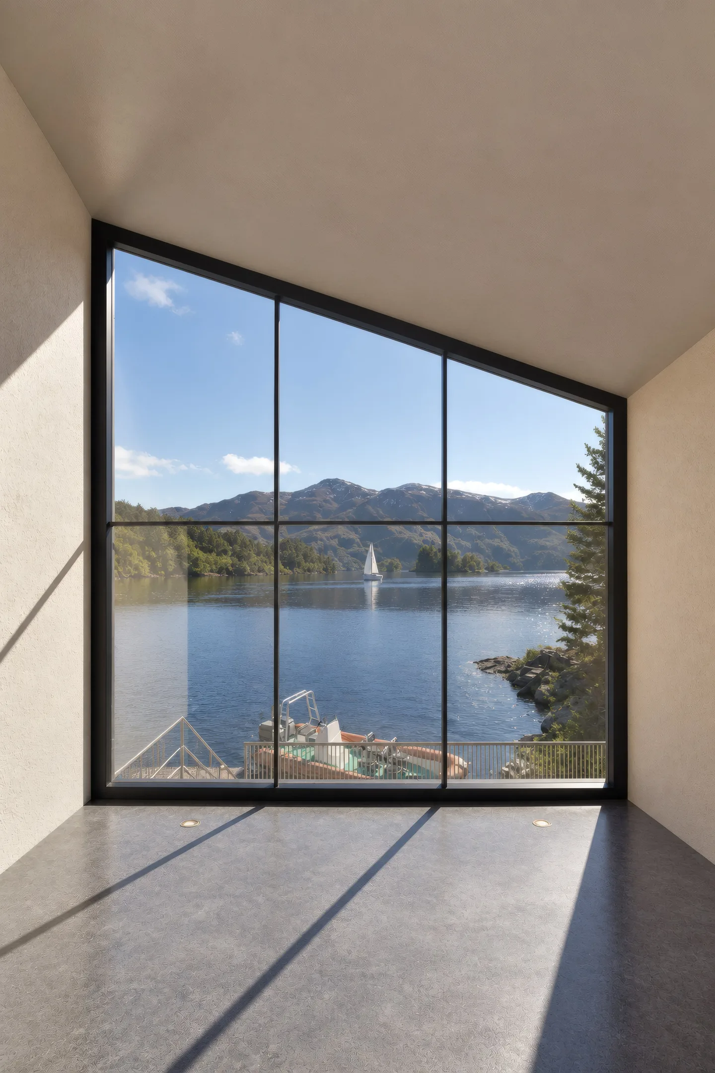 Grosses Sprossenfenster mit Blick auf den Fjord