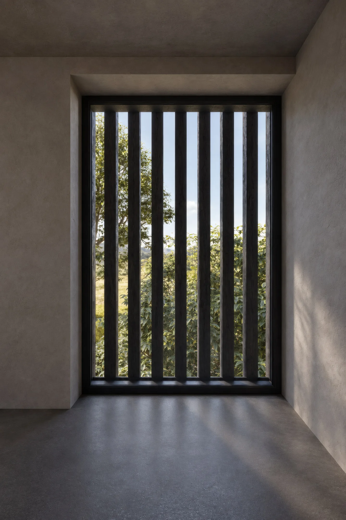 Fenster mit Holzlamellen zum Garten