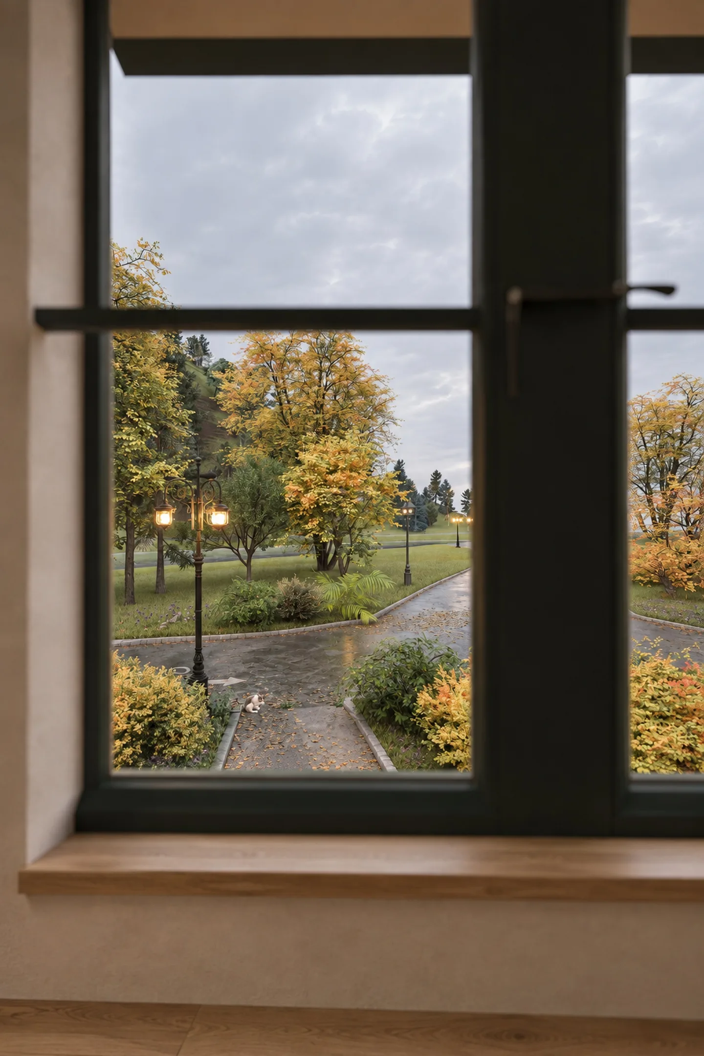 Blick aus dem Fenster auf den Garten und die Zufahrt