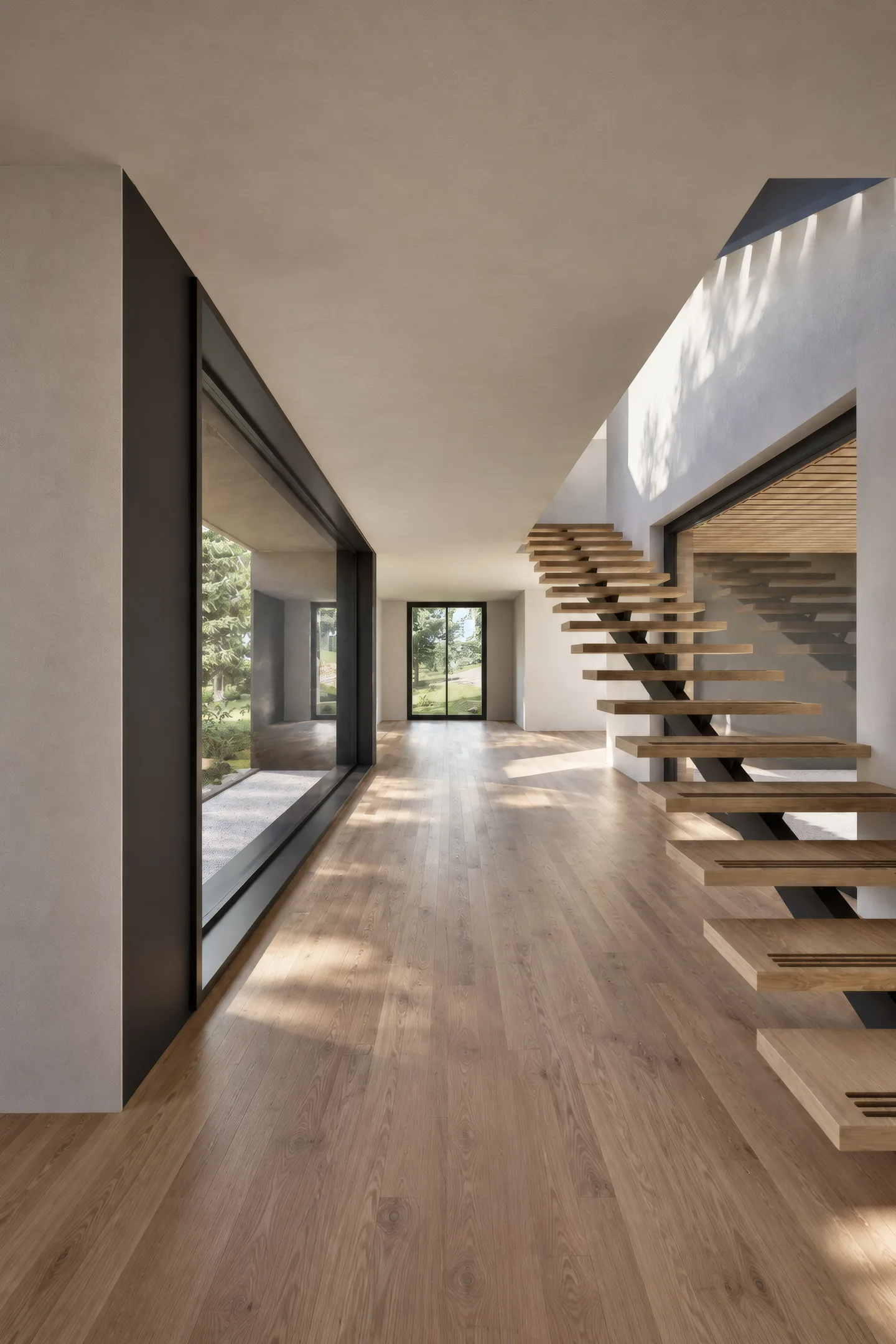 Halle mit Eichenparkett und freitragender Treppe