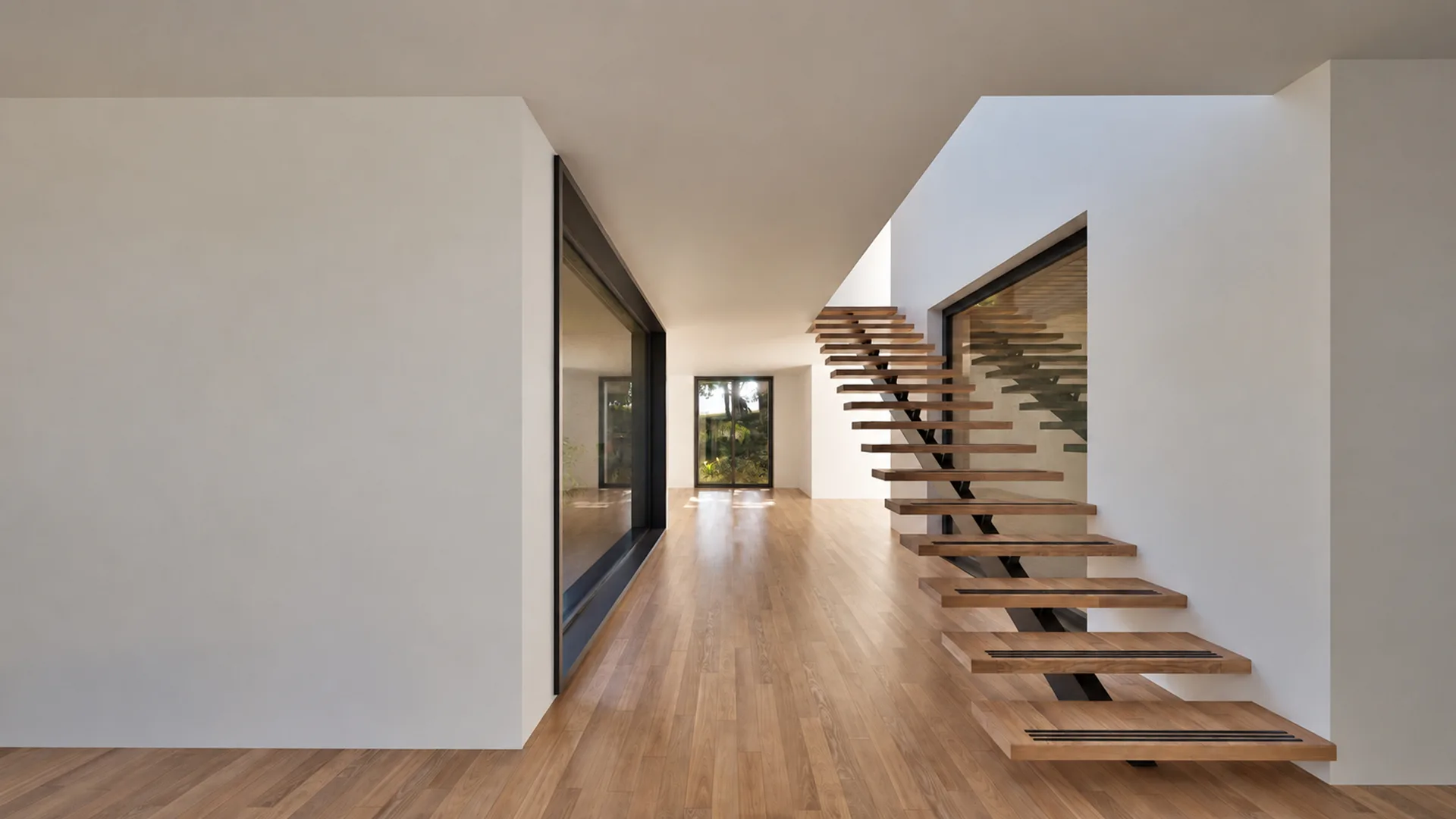 Halle mit Eichenparkett und freitragender Treppe
