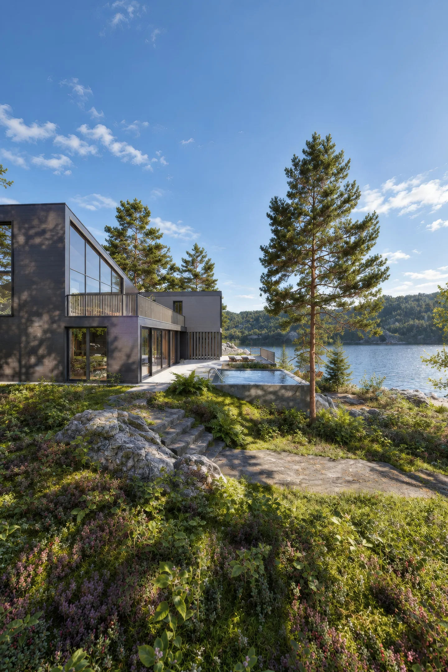 Haus und Pool über dem Fjord, im Hintergrund bewaldete Hügel