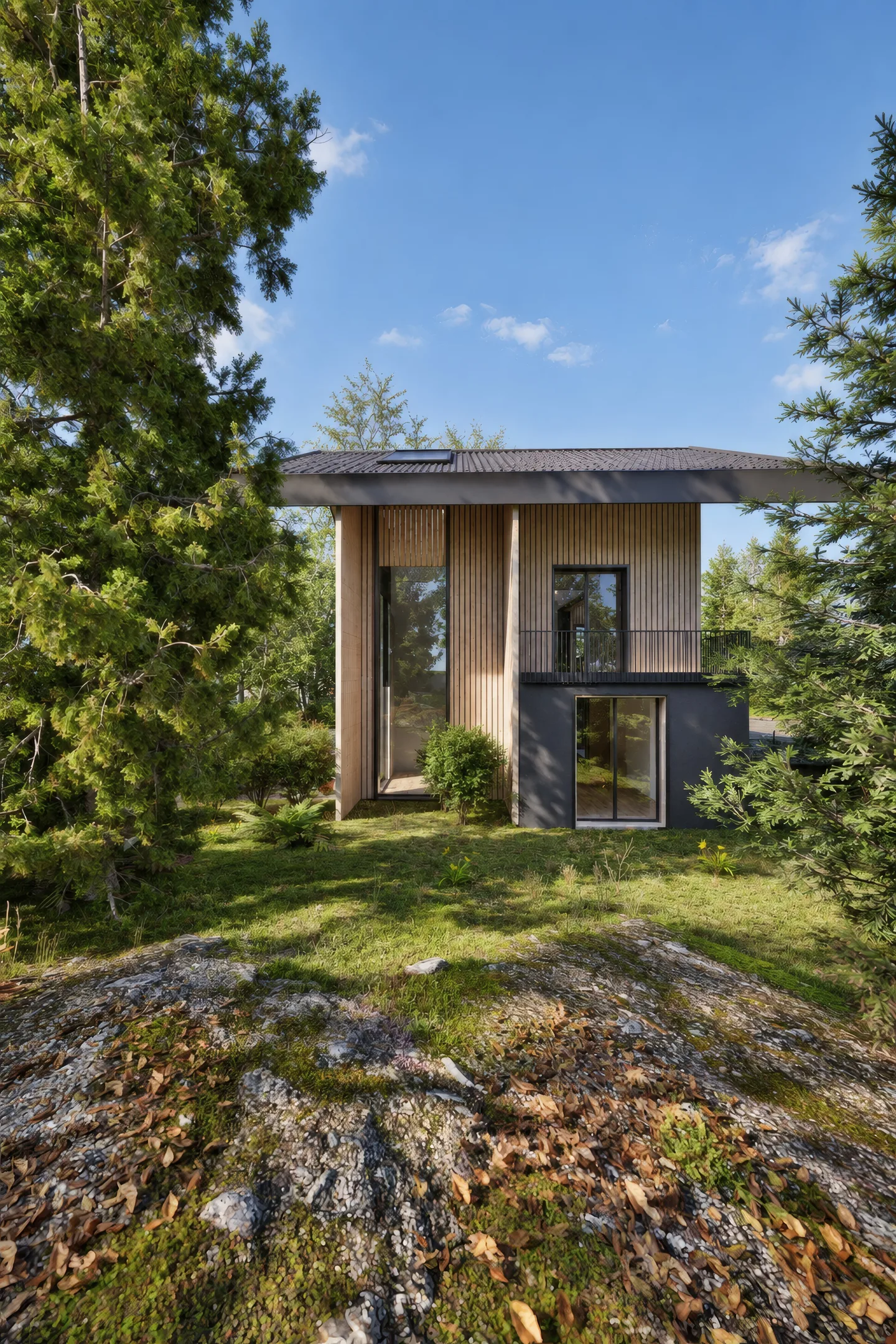 Das Haus auf einer Felskuppe zwischen Bäumen