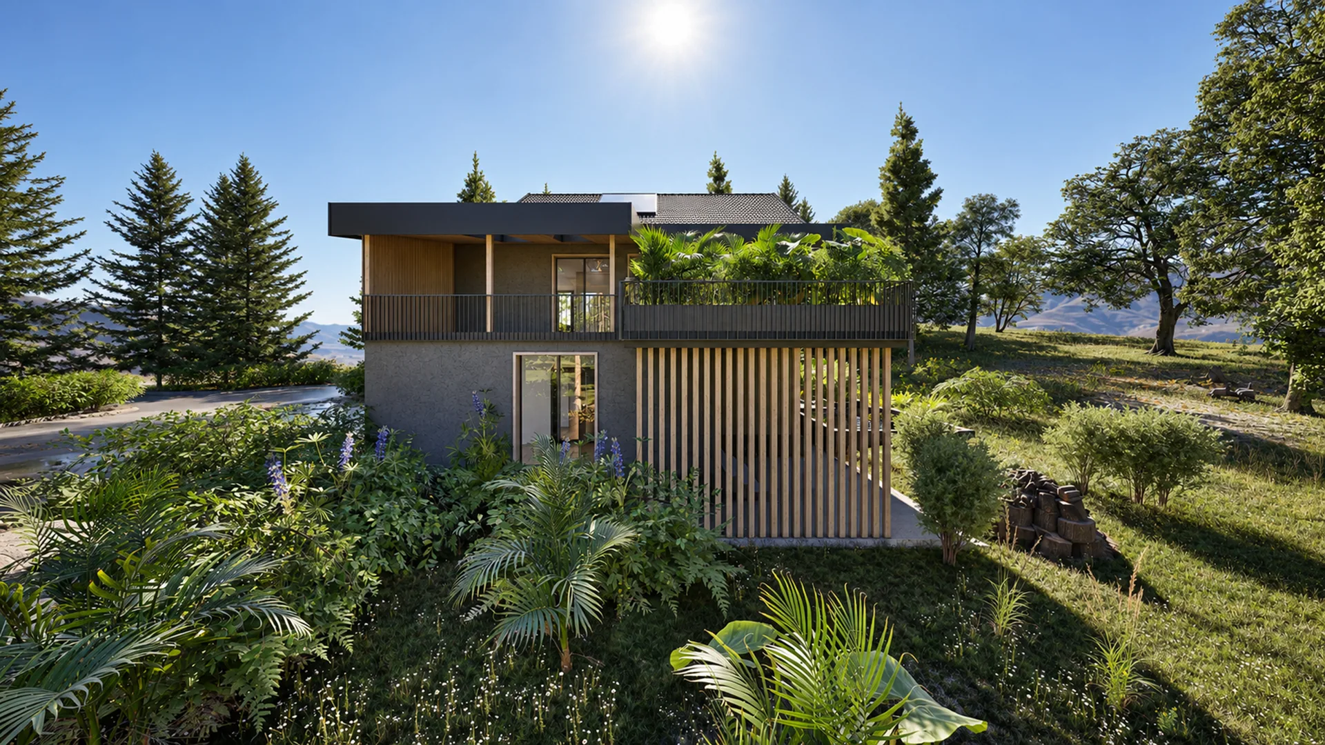 Haus mit bepflanzter Dachterrasse über dem Lamellen-Erdgeschoss
