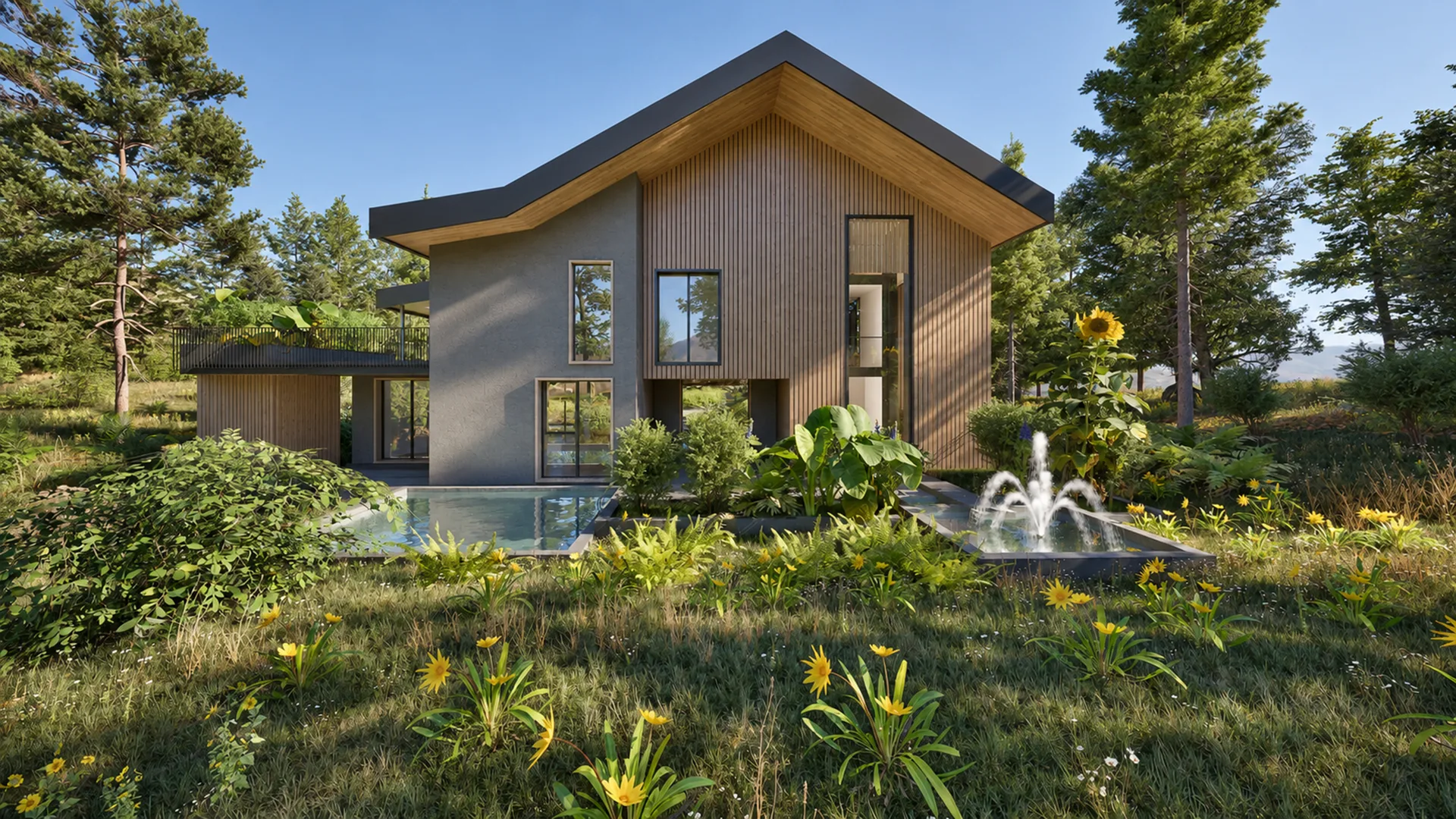Das Haus vom Garten aus, davor Wasserbecken und Springbrunnen in der Blumenwiese