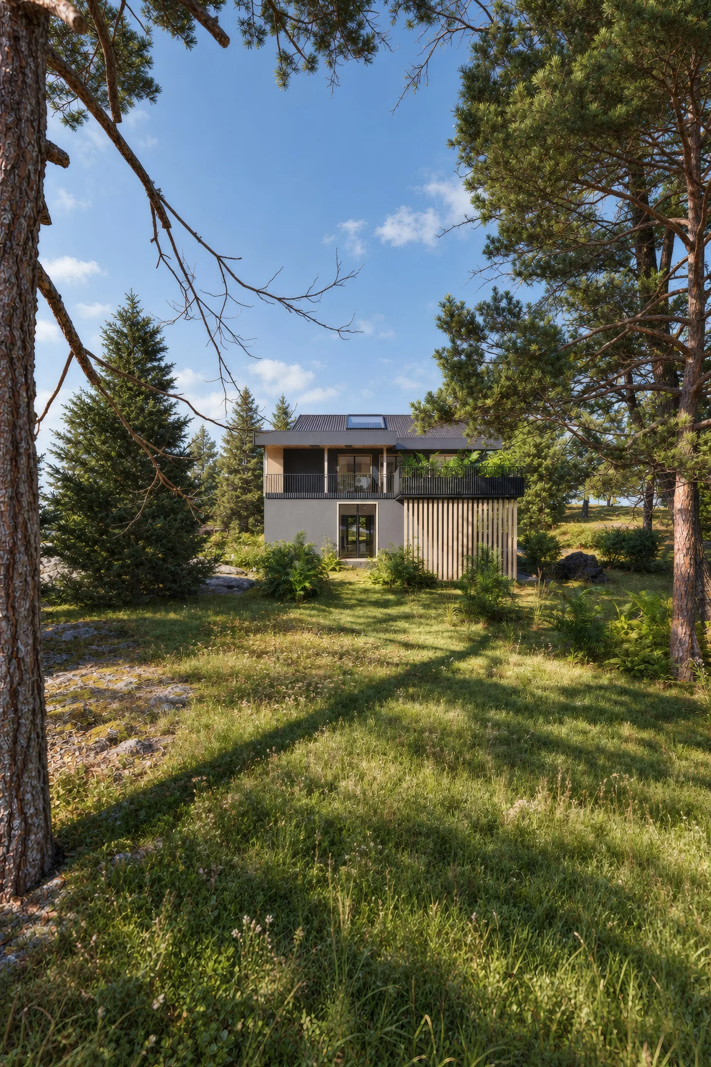 Blick über die Wiese auf das Haus zwischen Kiefern