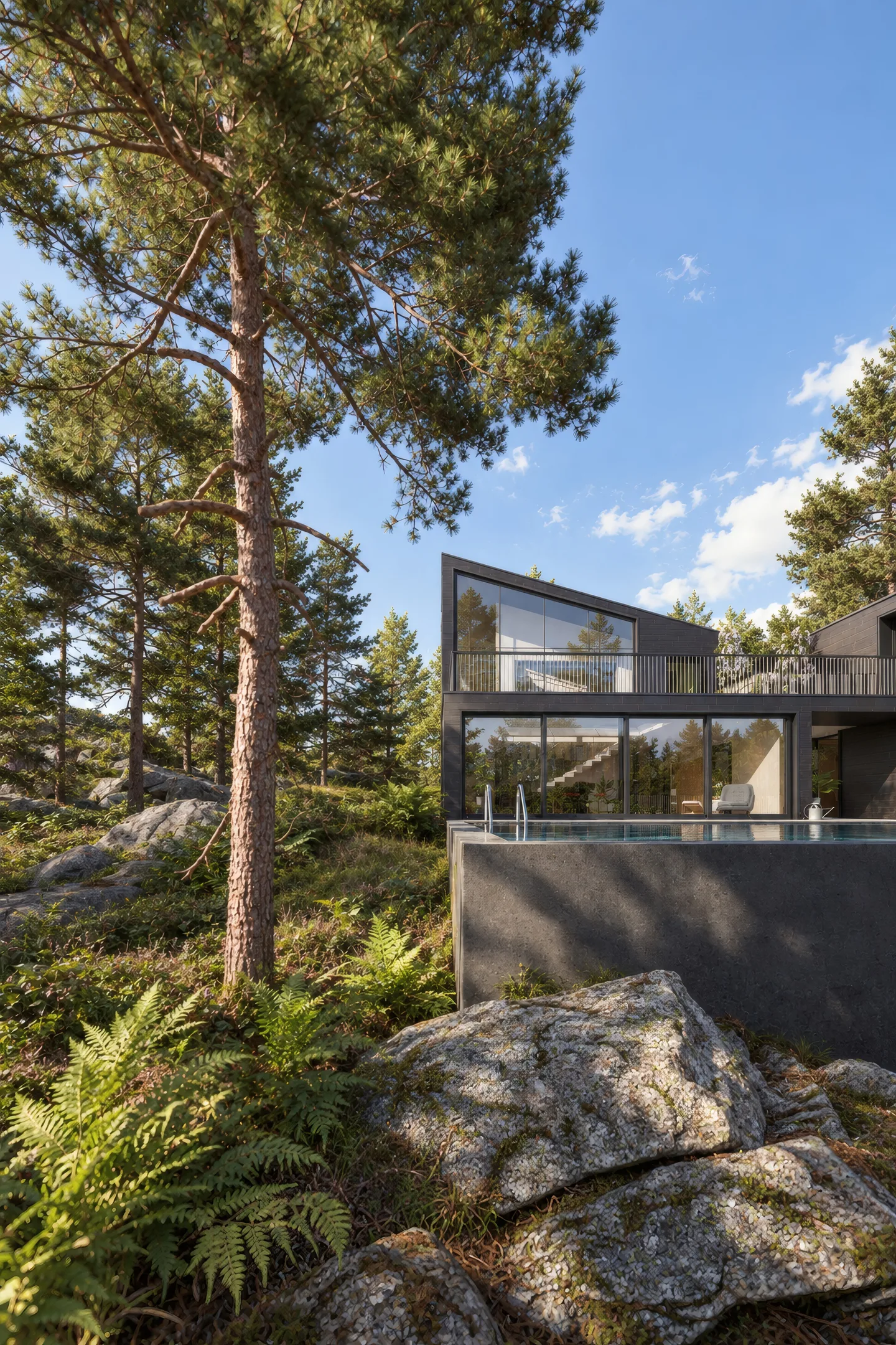 Das Haus zwischen Kiefern und Felsen, Blick auf die verglaste Giebelseite