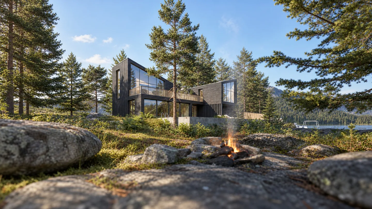 Haus am Ufer – dunkler Holzbau mit grosser Verglasung zwischen Kiefern am Fjord, im Vordergrund eine Feuerstelle auf den Felsen