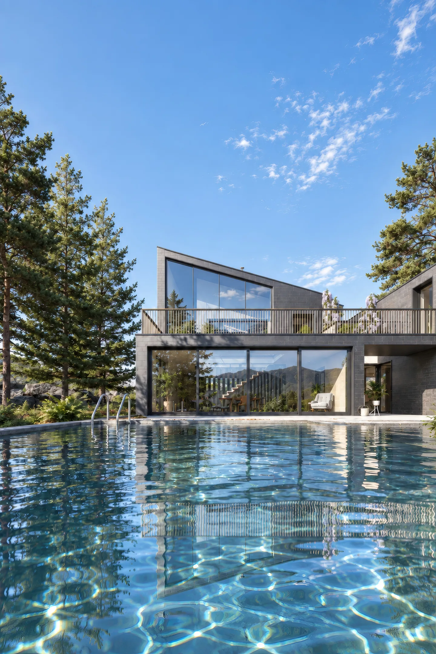 Pool vor dem Haus, dahinter die verglaste Giebelseite und die Dachterrasse