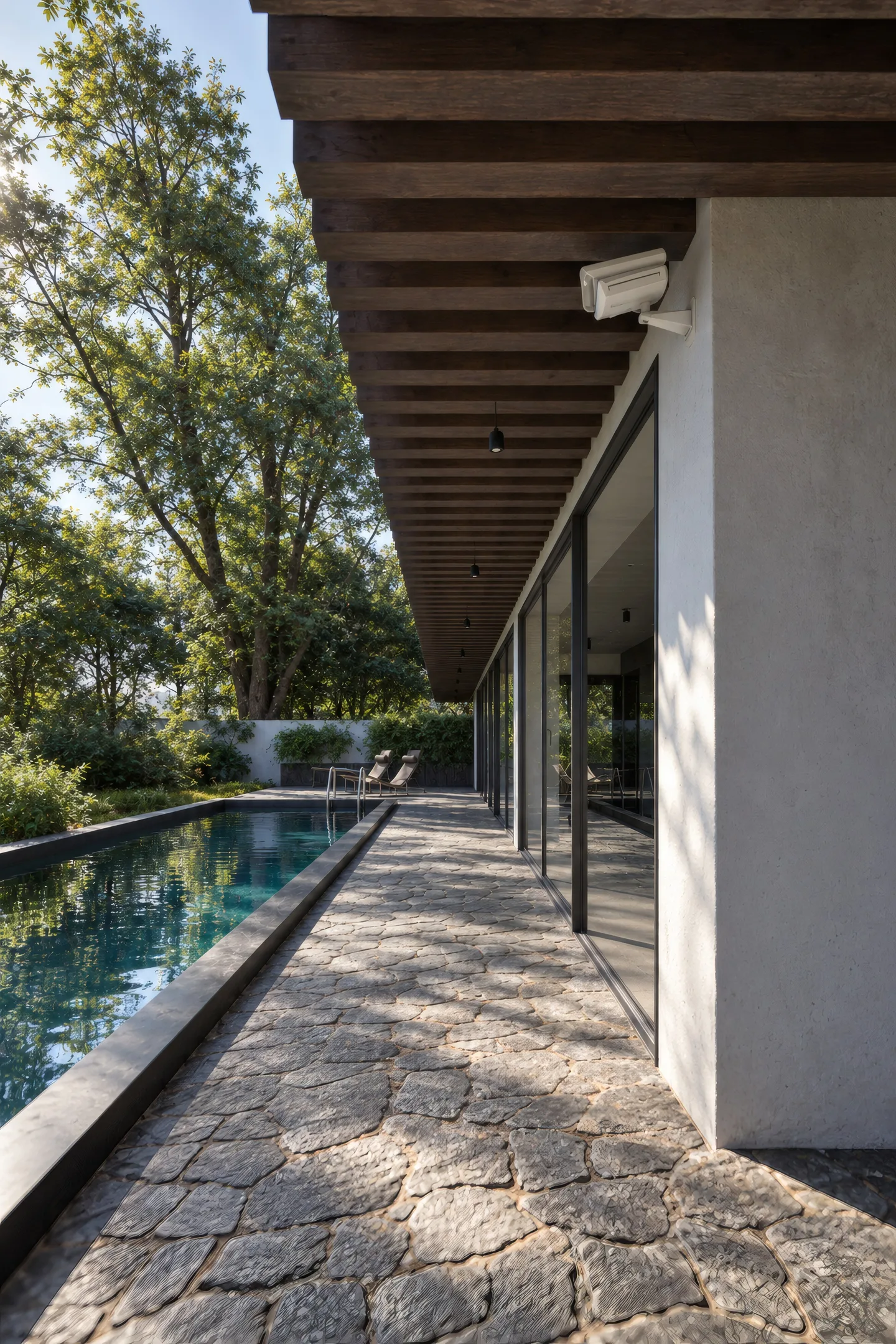 Pool entlang der verglasten Wohnseite unter dem Holzdach