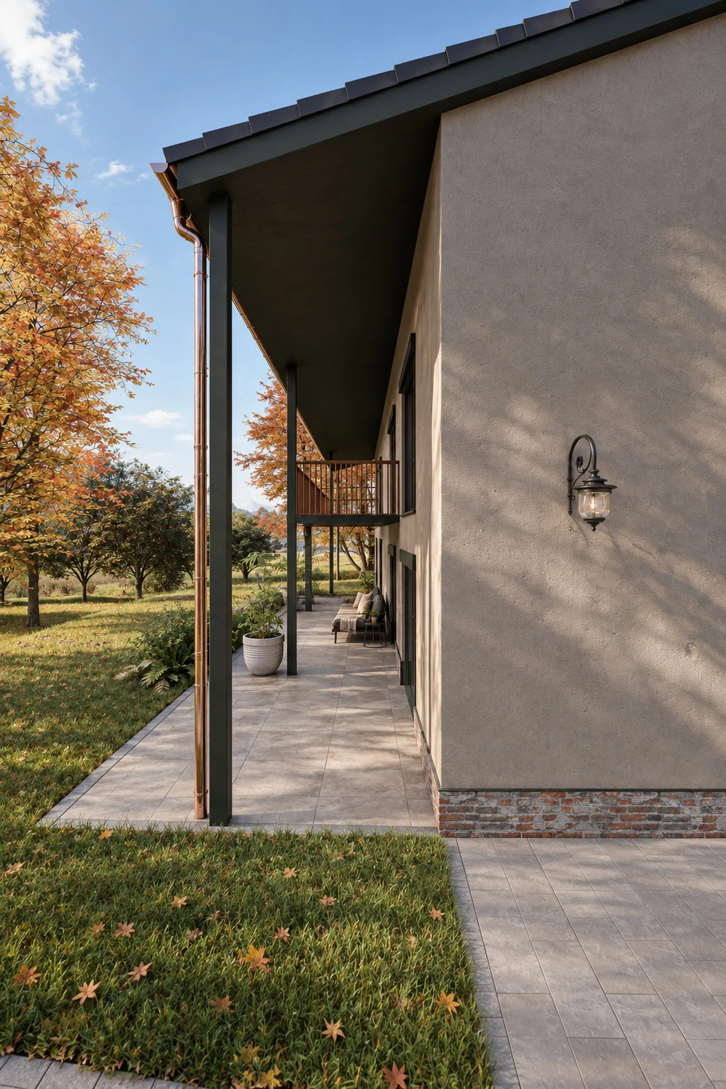 Seitenansicht der gedeckten Terrasse mit Wandleuchte