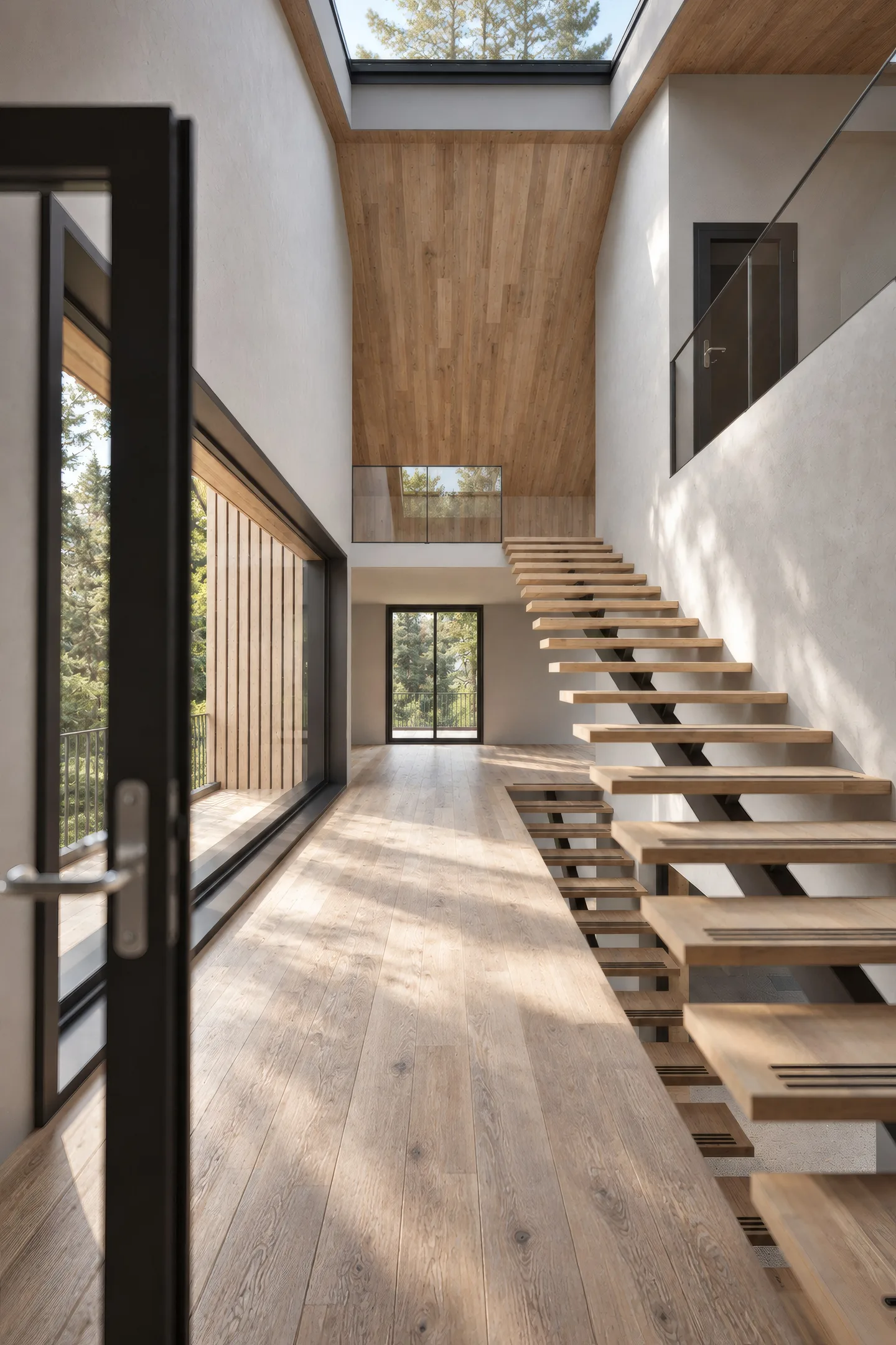 Treppe neben der Fensterfront, Oberlicht darüber