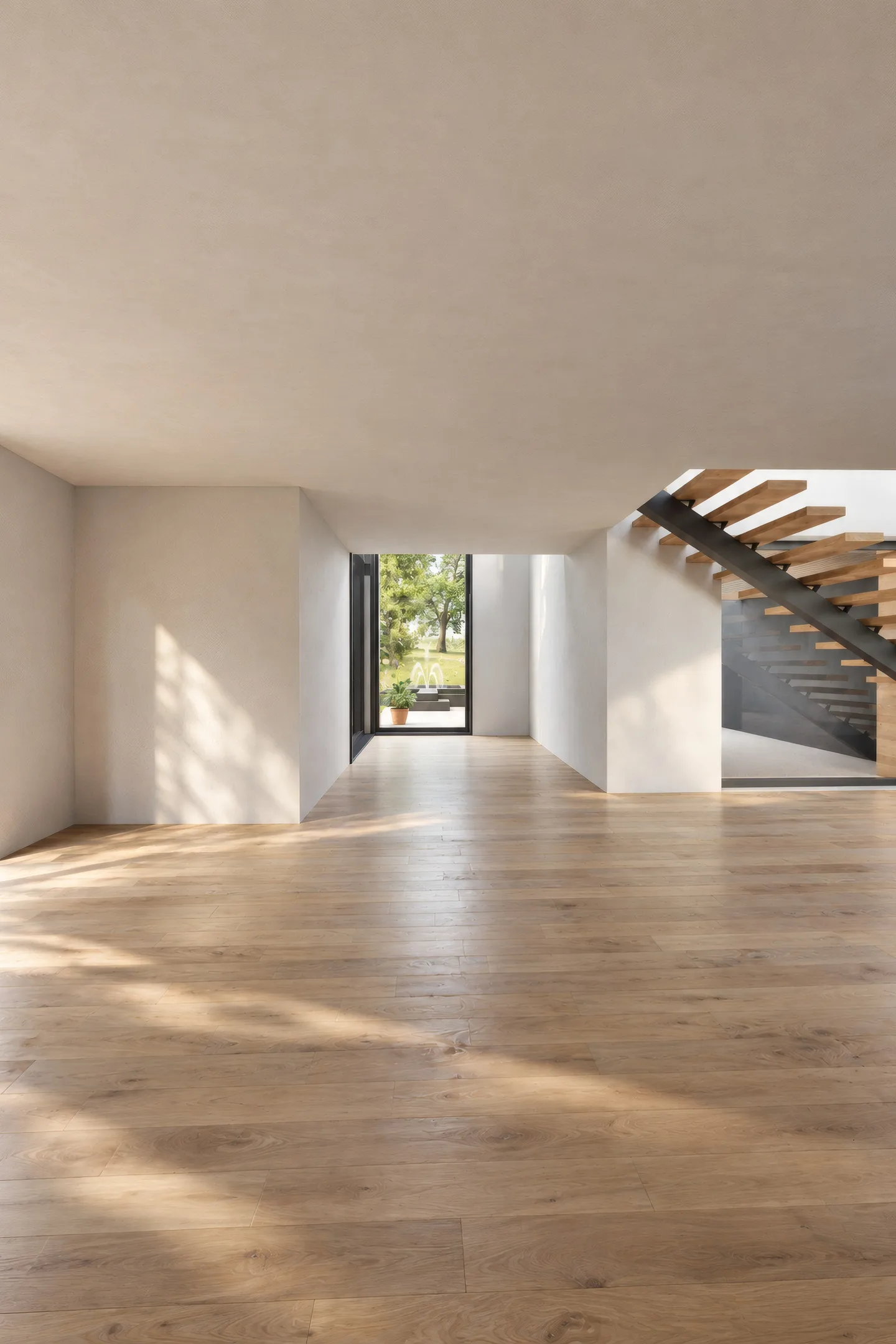 Wohnraum mit Blick zur Treppe und in den Garten