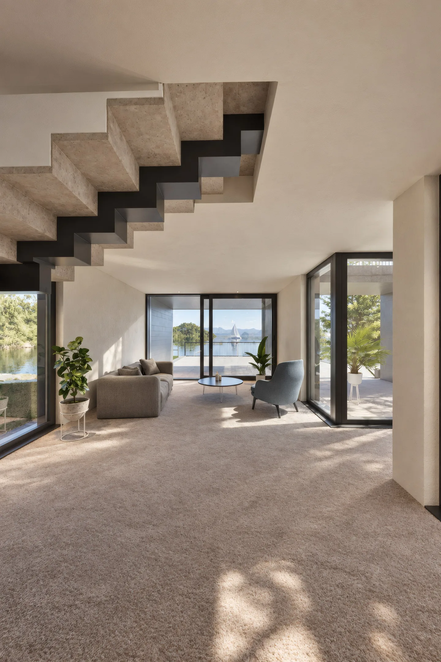 Wohnraum mit auskragender Treppe und Blick auf den See