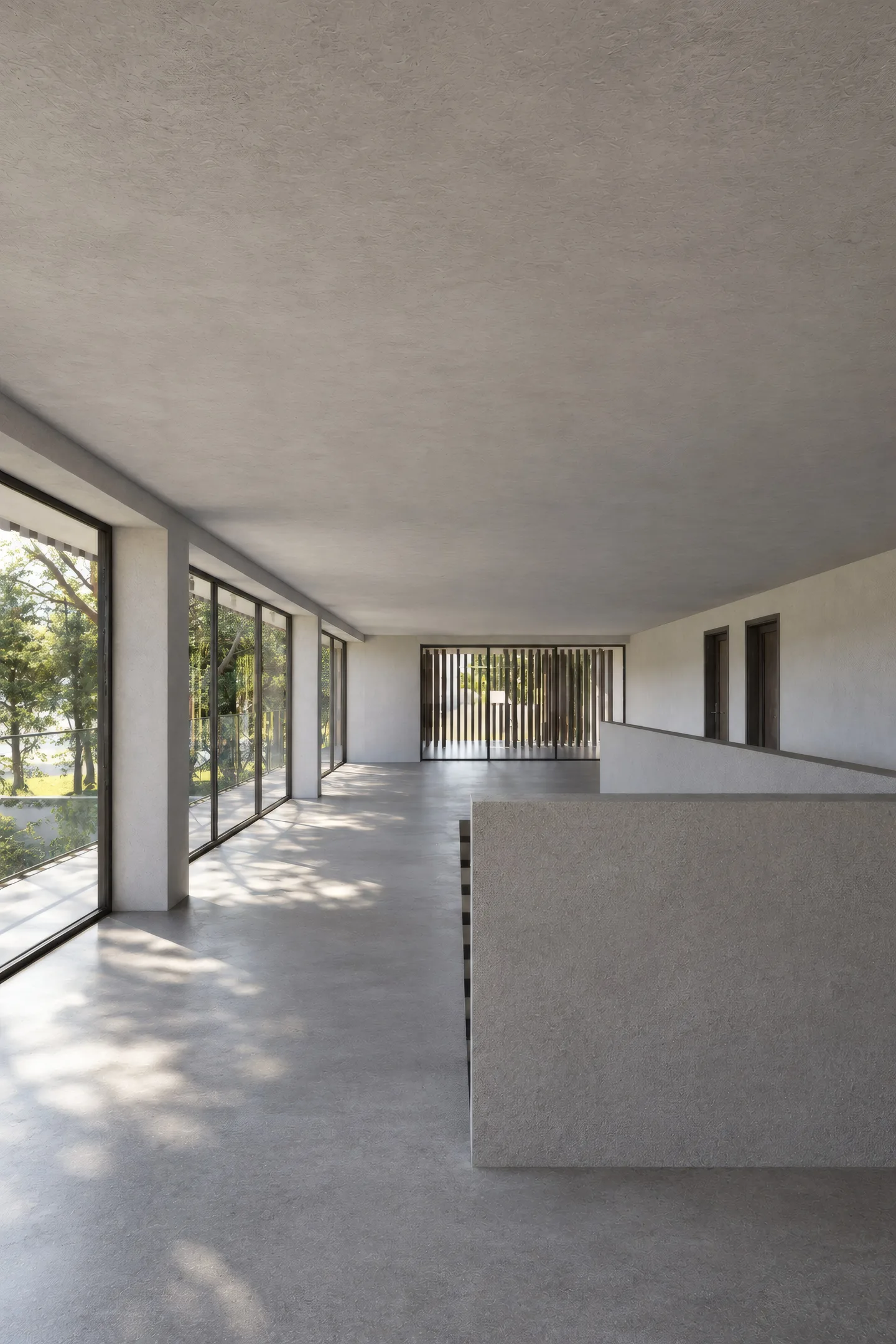 Wohnraum mit Fensterband und Sichtbeton