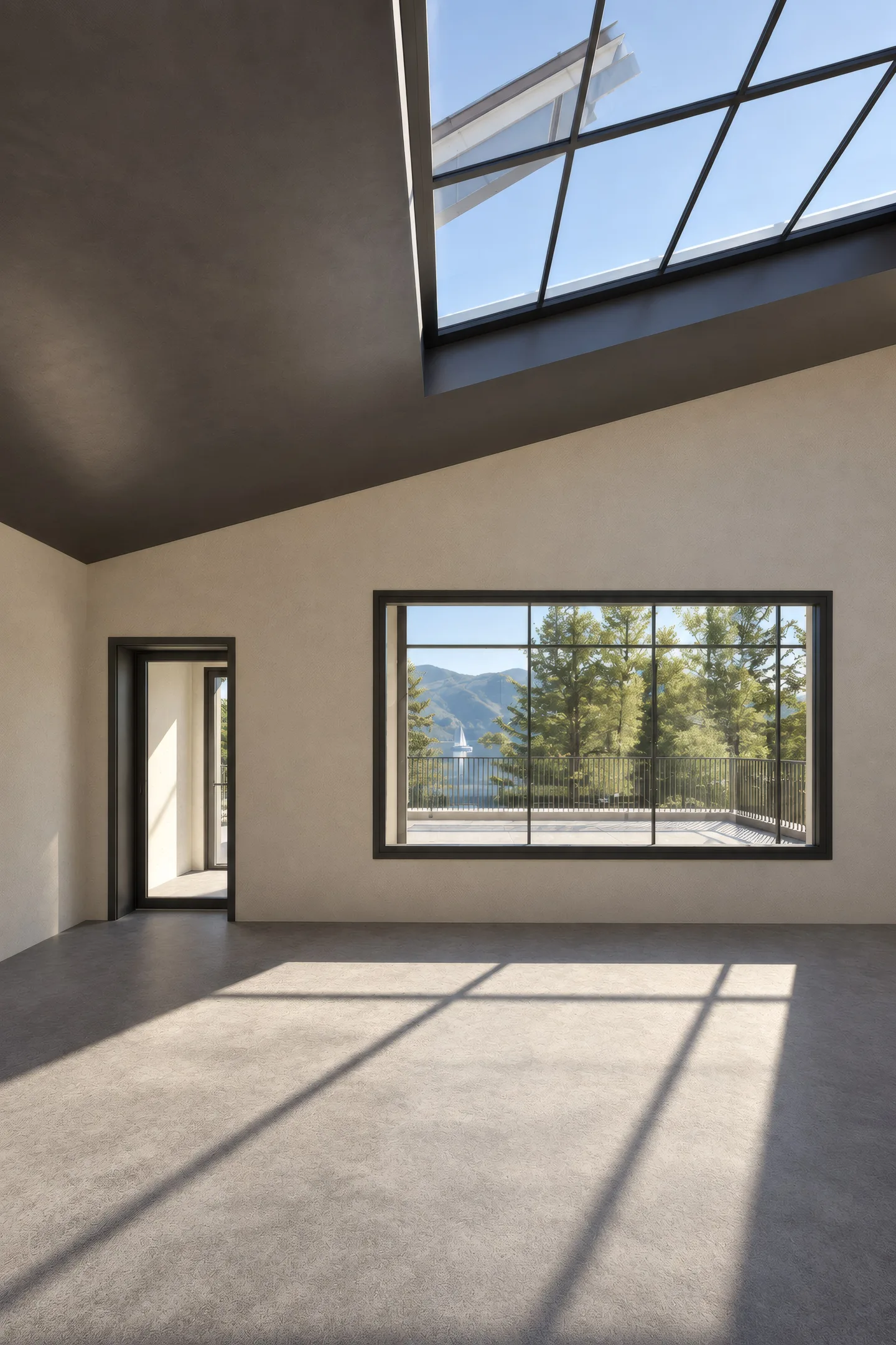 Zimmer mit Oberlicht und Fenster zum Wald